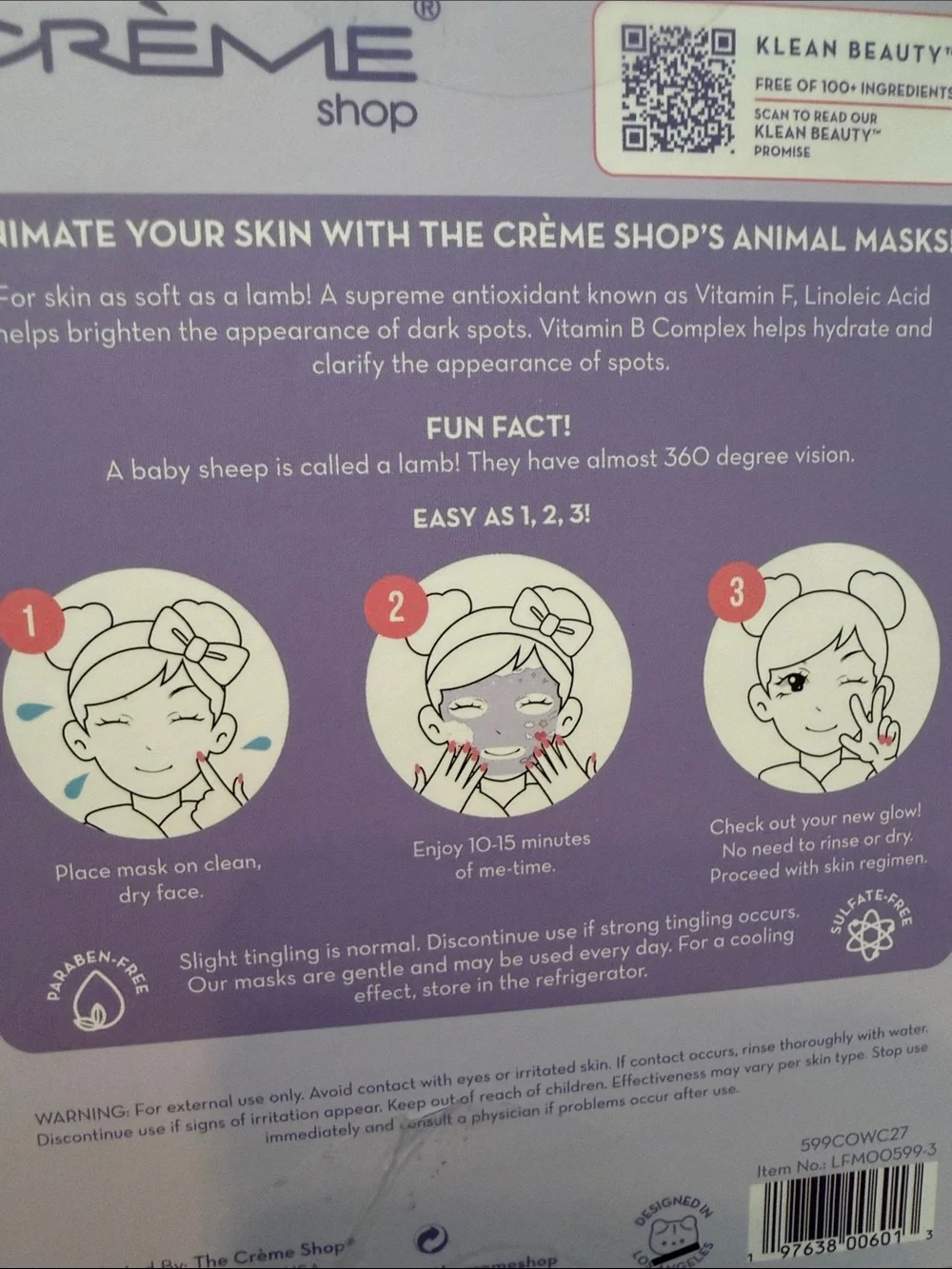The Crème Shop Be Soft, Skin! Animated Lamb Face Mask - Sealed Box Set of 3